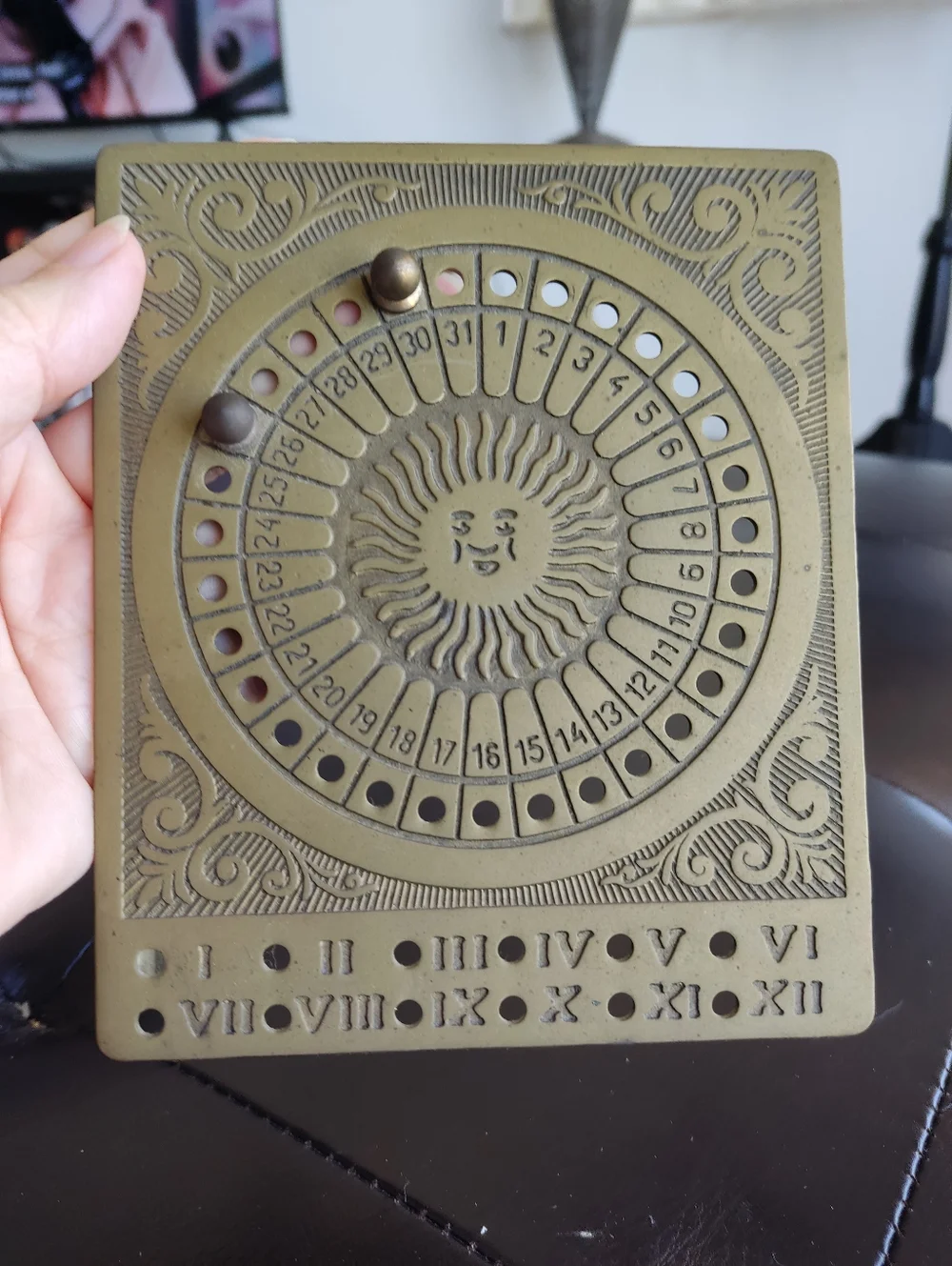 Antique-Style Brass Perpetual Calendar Plaque - Sun Motif